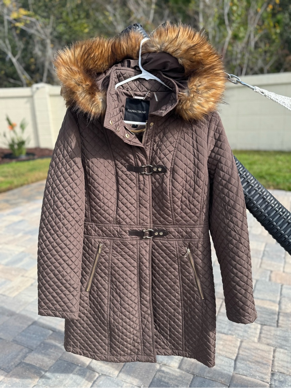 Ivanka Trump Quilted Brown Hooded Puffer with Faux Fur Trim